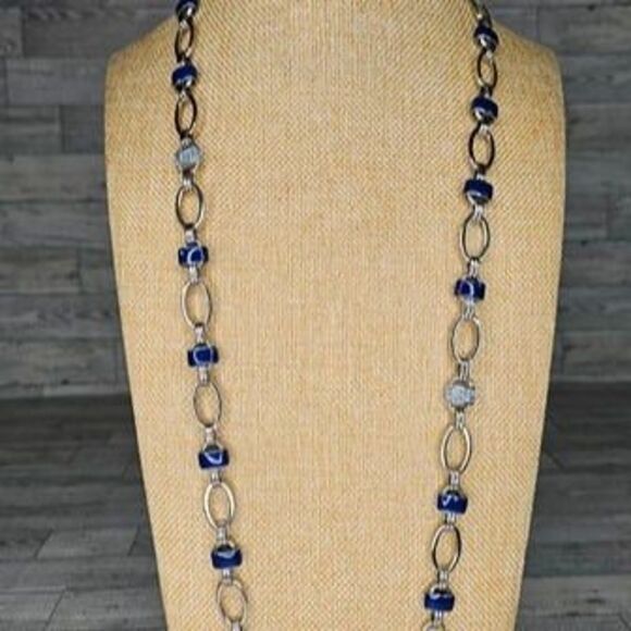 Coldwater Creek Silver Tone, Royal Blue and Light Blue Rhinestone Link Necklace - Picture 1 of 5